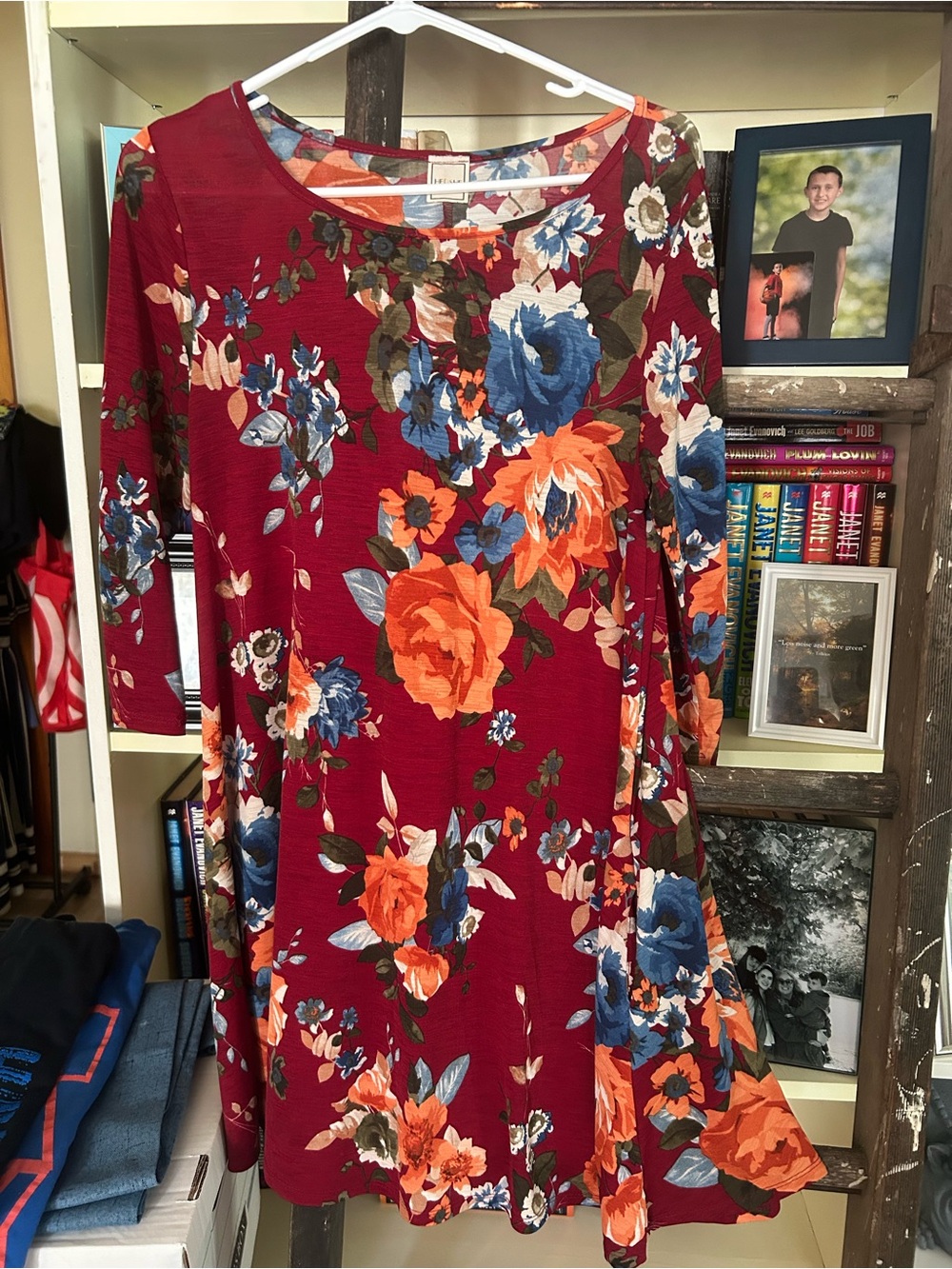 Women's Burgundy Floral Long-Sleeve Swing Dress